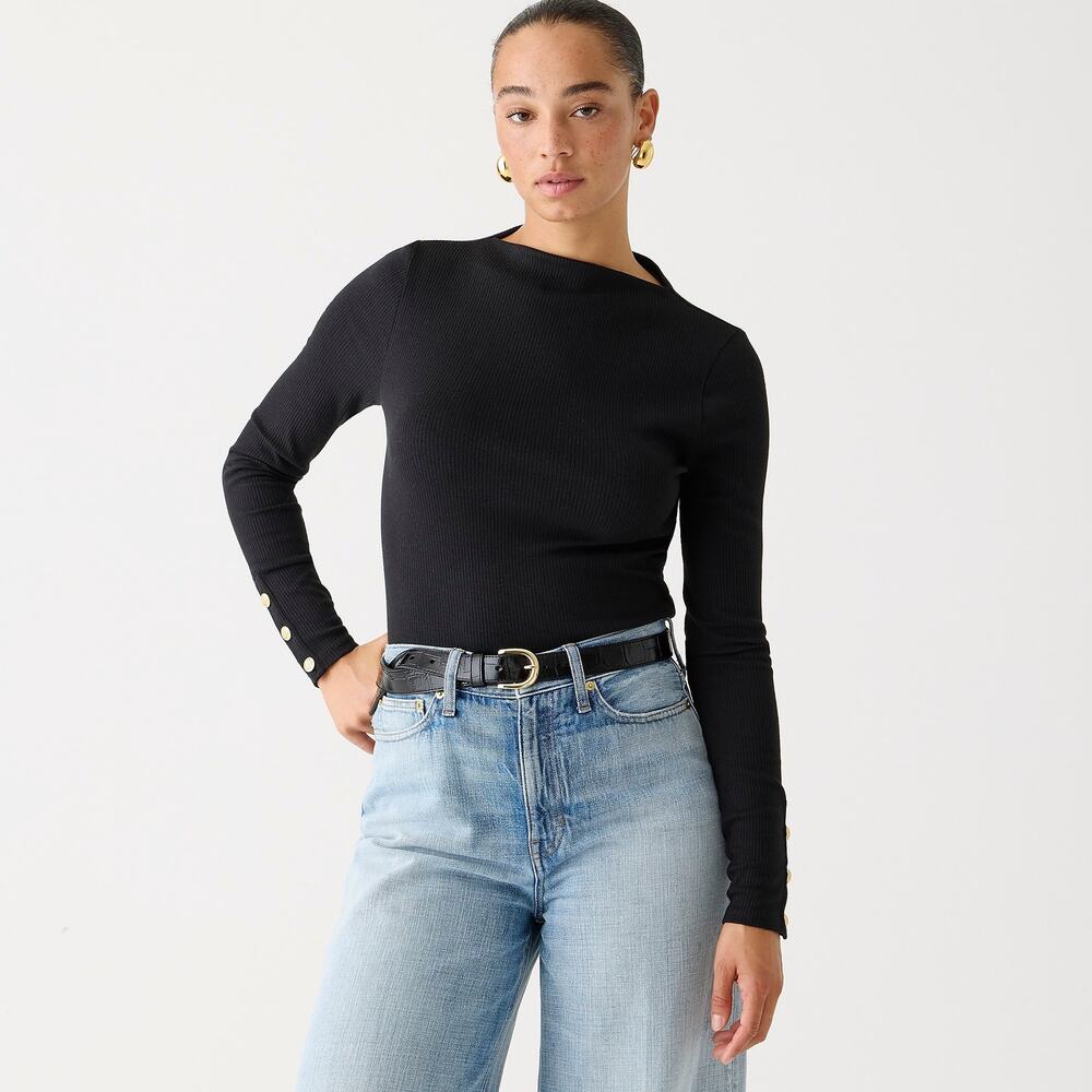 J.Crew Vintage Casual Rib Split Neck Buttons Black Everyday Long Sleeve XL NWT